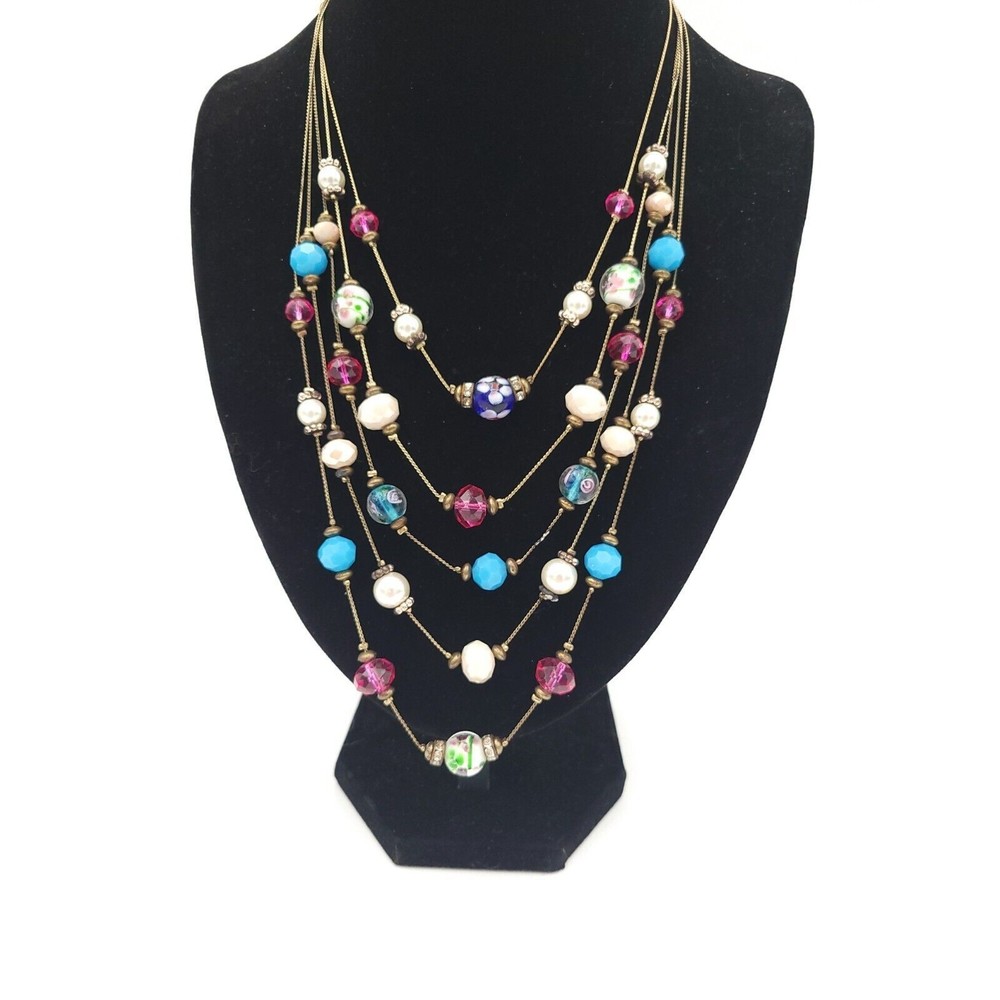 Vintage‎ Multi Strand Glass & Lampwork Art Glass Beaded Necklace Multicolor
